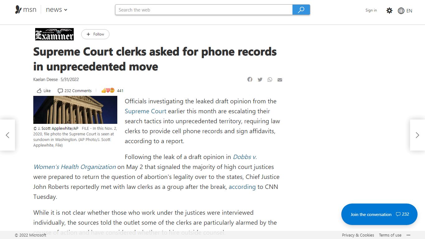 Supreme Court clerks asked for phone records in unprecedented move - MSN